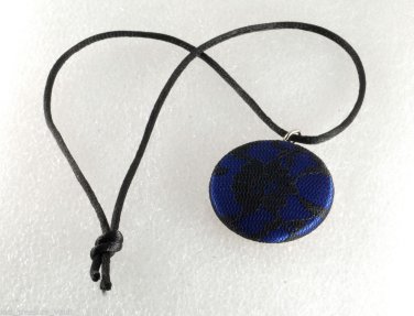 Vintage Black Lace on Blue Button Necklace 16" Tied Satin Cord Silver & Fabric