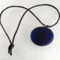 Vintage Black Lace on Blue Button Necklace 16" Tied Satin Cord Silver & Fabric