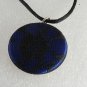 Vintage Black Lace on Blue Button Necklace 16" Tied Satin Cord Silver & Fabric
