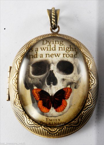 Victorian Style Brass Perfume Locket Emily Dickinson Quote Glass Dome Cabochon