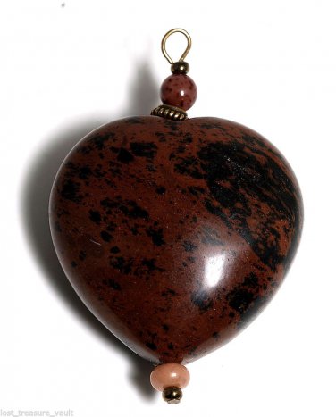 Vintage Large Stone Heart Beads Pendant Jewelry Making  Mahogany Obsidian
