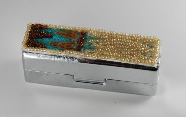 Vintage Silver Plated Metal Beaded Applique Top Lipstick Case Mirror