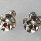 Vintage Flower Earring Pair Silver Metal Red Rhinestone Center Screw Back