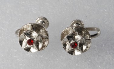 Vintage Flower Earring Pair Silver Metal Red Rhinestone Center Screw Back