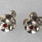 Vintage Flower Earring Pair Silver Metal Red Rhinestone Center Screw Back