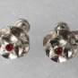 Vintage Flower Earring Pair Silver Metal Red Rhinestone Center Screw Back