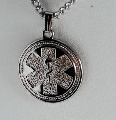 SILVER TONE MEDICAL ALERT NECKLACE JEWELRY 24" CHAIN LIFE SAVER