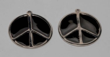Vintage Pair Peace Sign Pendants Silver Black Enamel