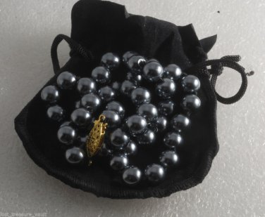 Vintage Strand Hematite Glass Pearl Necklace Jewelry Hook Clasp 18"