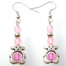 Teddy Bear Silver Tone Earrings w/ Pink beads in Box