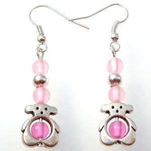 Teddy Bear Silver Tone Earrings w/ Pink beads in Box