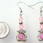Teddy Bear Silver Tone Earrings w/ Pink beads in Box