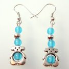 Teddy Bear Silver Tone Earrings w/ Blue beads in Box
