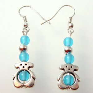 Teddy Bear Silver Tone Earrings w/ Blue beads in Box