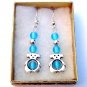 Teddy Bear Silver Tone Earrings w/ Blue beads in Box