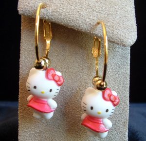 Handmade Dark Rose Dress HELLO KITTY Gold Tone Hoop Earrings