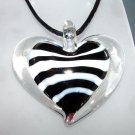 Black & White Stripe Heart Lampwork Glass Pendant on Leather Cord in Gift Box