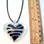 Black & White Stripe Heart Lampwork Glass Pendant on Leather Cord in Gift Box