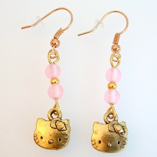 Handmade HELLO KITTY Gold Tone Earrings with Pink and Gold Beads