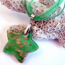 Green and Gold Star Lampwork Glass Pendant Necklace