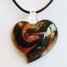 Heart Lampwork Glass Pendant Leather Cord Necklace - Green Swirl on Gold