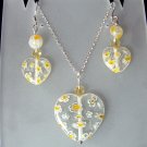 Sterling Silver Heart Millefiori Glass Necklace & Earrings Set -  Yellow on Clear