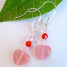 Pink Cat Eye Heart & Crystal Sterling Silver Earrings