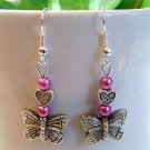 Silver Tone Butterfly Earrings with Pink Pearls -Boxed