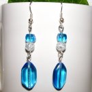 Blue & Crackle Glass Beads Silver Tone Earrings