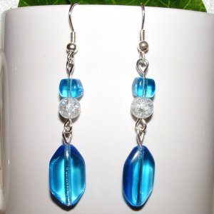 Blue & Crackle Glass Beads Silver Tone Earrings