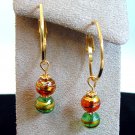 Gold Tone Hoop and Glass Bead Earrings - Red and Green