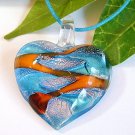 Heart Lampwork Glass Pendant Necklace - Blue, Orange, Silver