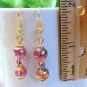 Pink Round Lampwork Glass Gold Tone Earrings