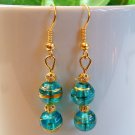 Blue Round Lampwork Glass Gold Tone Earrings