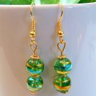 Green Round Lampwork Glass Gold Tone Earrings