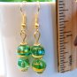 Green Round Lampwork Glass Gold Tone Earrings