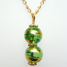 Green Round Lampwork Glass Gold Tone Necklace