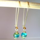 Gold Tone Blue Round Glass Drop Earrings