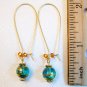Gold Tone Blue Round Glass Drop Earrings