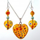 Sterling Silver Heart Millefiori Glass Necklace & Earrings Set -  Yellow & Blue