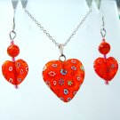 Sterling Silver Heart Millefiori Glass Necklace & Earrings Set -  Red