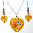 1" Yellow Heart Millefiori Sterling Necklace Earrings