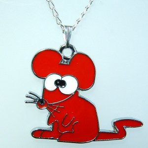 Red Mouse Pendant Silver Tone Necklace