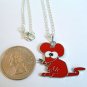 Red Mouse Pendant Silver Tone Necklace