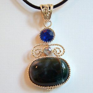 Moss Agate Silver Pendant on Leather Cord