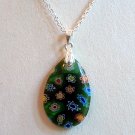 Sterling Silver Teardrop Millefiori Glass Pendant Necklace -  Green