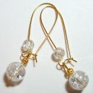 Gold Tone Crackle Glass Drop Earrings - Clear