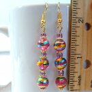 Round Lampwork Glass Beads Gold Tone Earrings - Pink