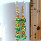 Round Lampwork Glass Beads Gold Tone Earrings - Green