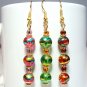 Round Lampwork Glass Beads Gold Tone Earrings - Green